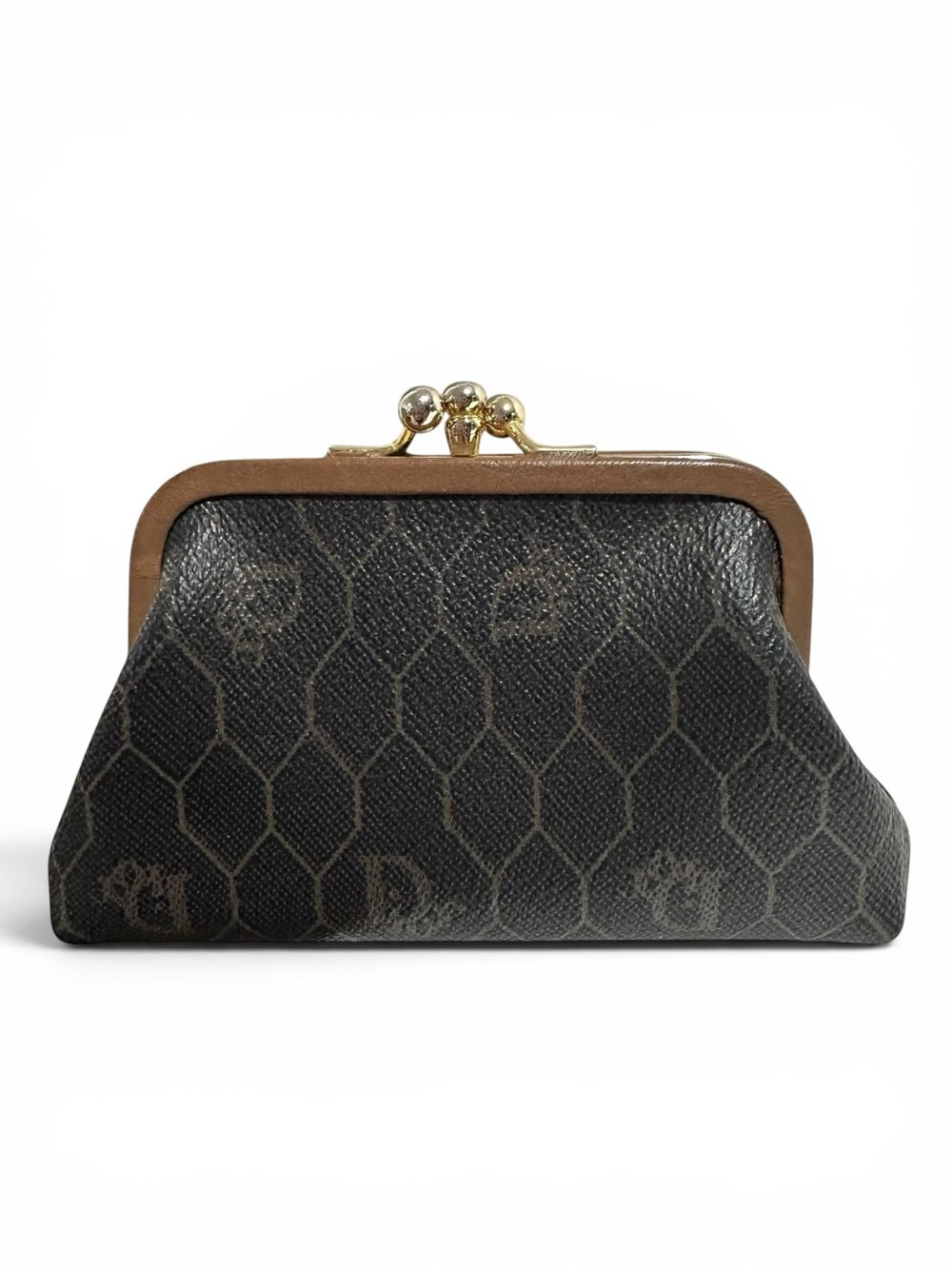 Dior Honeycomb Vintage Black & Tan Leather Kisslock Card & Coin Case